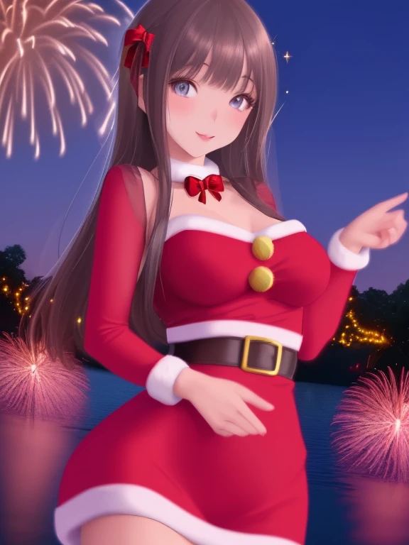 A cute woman (cute, age 22, sexy Christmas outfit, sparkles in eyes), near on the shore of a lake in a Bangkok park at night, flirting with viewer, fireworks light up the night
