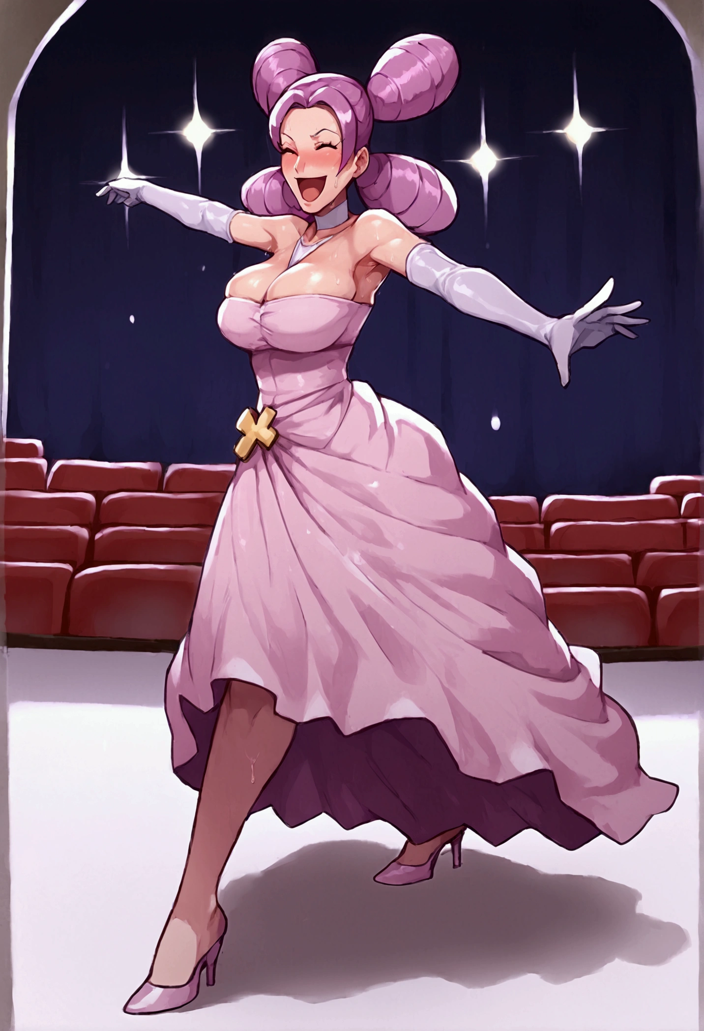 nsfw,score_9, score_8_up, score_7_up,  1 girl , blush,solo,Fantina, Dirndl ,sweat,Tall, long legs ,Armpit,Purple Hair, two twin tails,,white skin,  theater, on stage,elbow gloves,  mature woman,  Big Breasts,  high heels,  clevis,thighs visible, smirking ,  laughing ,open mouth,whole body, 