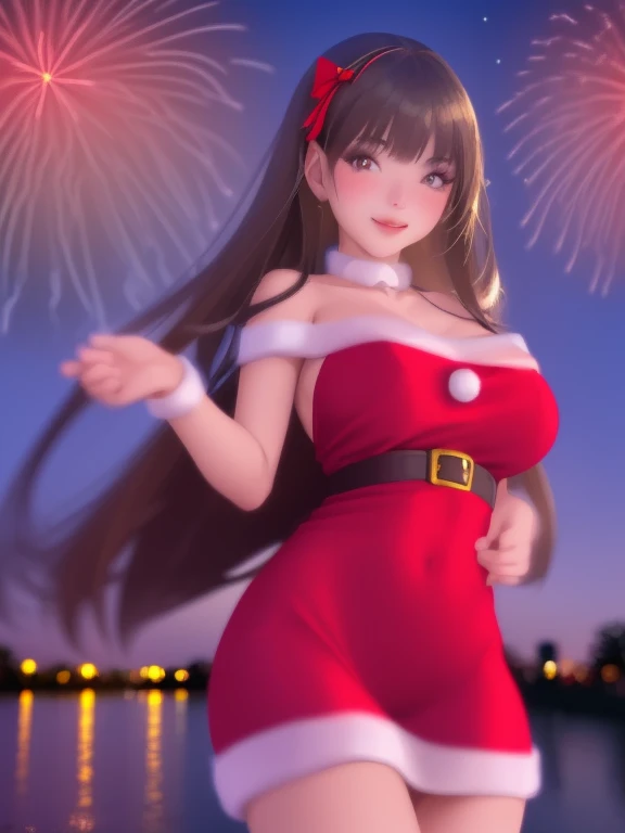 A cute woman (cute, age 22, sexy Christmas outfit, sparkles in eyes), near on the shore of a lake in a Bangkok park at night, flirting with viewer, fireworks light up the night
