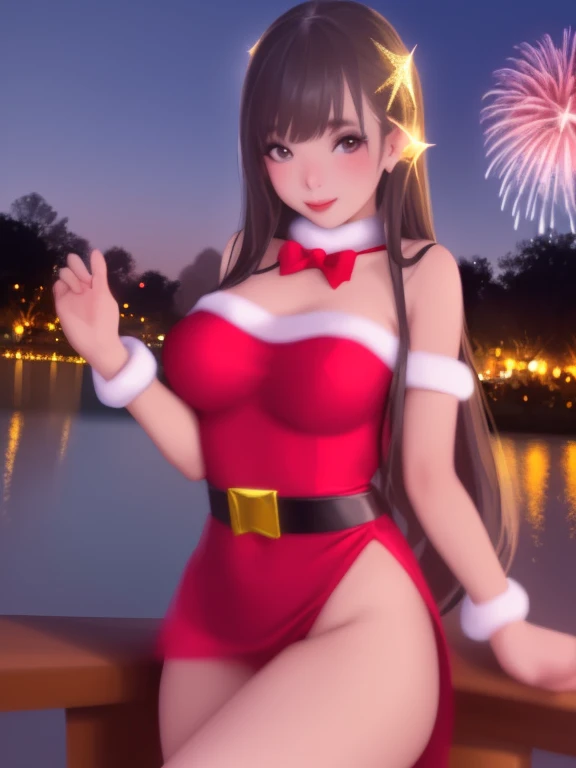 A cute woman (cute, age 22, sexy Christmas outfit, sparkles in eyes), near on the shore of a lake in a Bangkok park at night, flirting with viewer, fireworks light up the night
