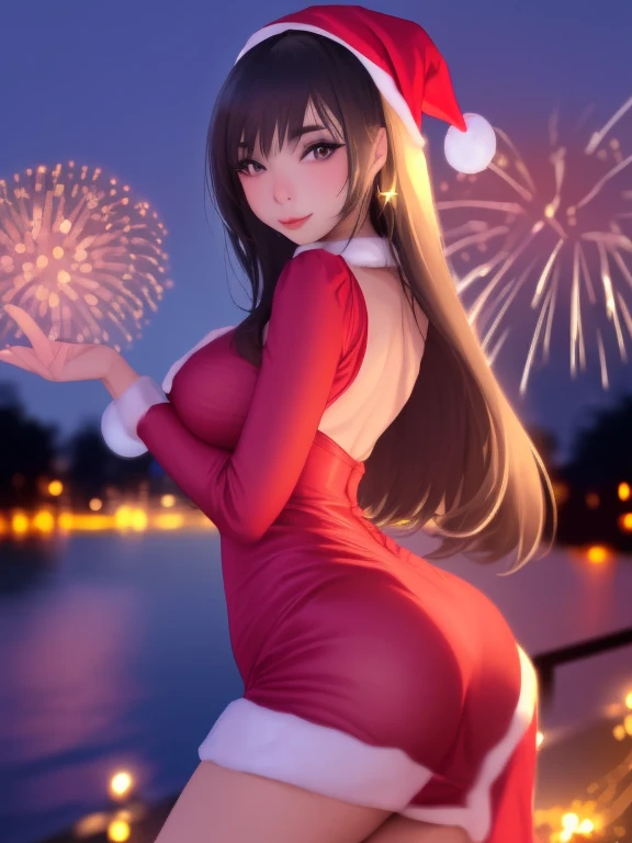 A cute woman (cute, age 22, sexy Christmas outfit, sparkles in eyes), near on the shore of a lake in a Bangkok park at night, flirting with viewer, fireworks light up the night
