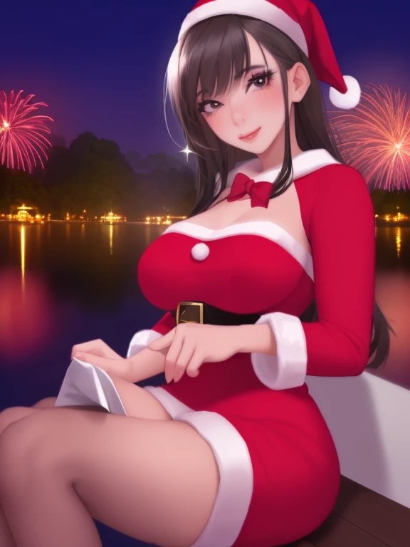 A cute woman (cute, age 22, sexy Christmas outfit, sparkles in eyes), near on the shore of a lake in a Bangkok park at night, flirting with viewer, fireworks light up the night
