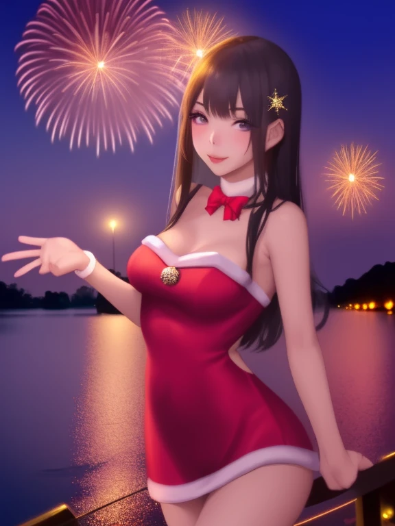 A cute woman (cute, age 22, sexy Christmas outfit, sparkles in eyes), near on the shore of a lake in a Bangkok park at night, flirting with viewer, fireworks light up the night
