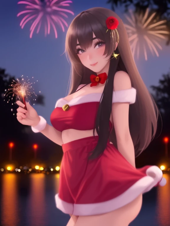 A cute woman (cute, age 22, sexy Christmas outfit, sparkles in eyes), near on the shore of a lake in a Bangkok park at night, flirting with viewer, fireworks light up the night
