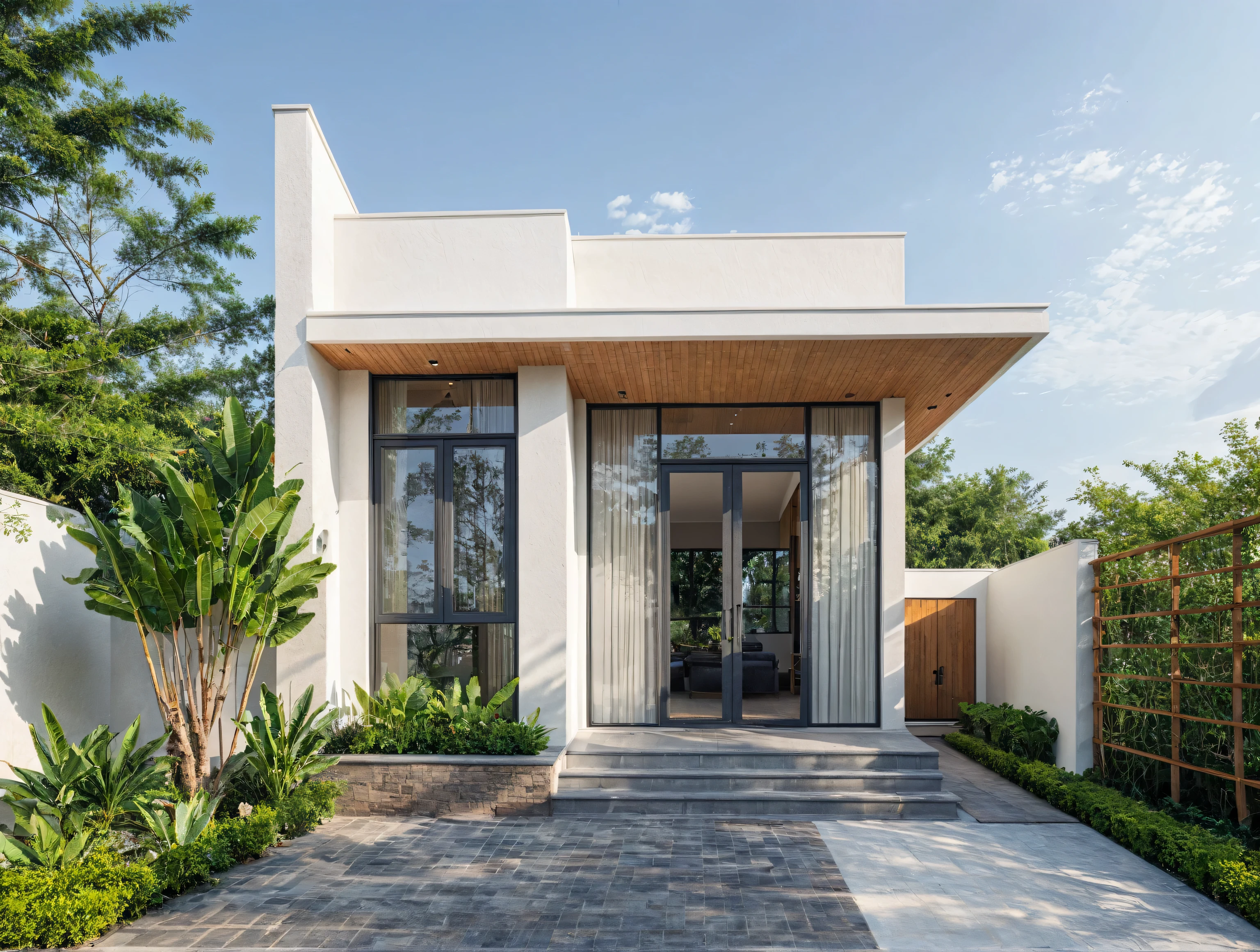 (masterpiece:1.2), best quality, photo of A two-story modern house with white walls and dark gray tiles on the roof., tree and plant, streetcapes, natural light, The exterior of an elegant single family home features large windows, ((a dark gray door frame)), ((dynamic light))