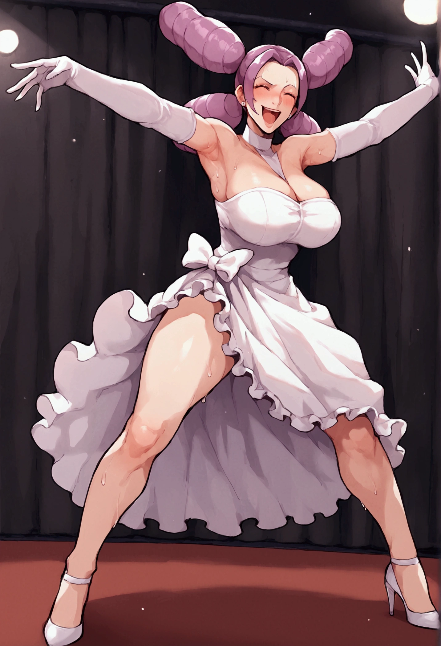 nsfw,score_9, score_8_up, score_7_up,  1 girl , blush,solo,Fantina, Dirndl ,sweat,Tall, long legs ,Armpit,Purple Hair, two twin tails,,white skin,  theater, on stage,elbow gloves,  mature woman,  Big Breasts,  high heels,  clevis,thighs visible, dynamic pose,  smirking ,  laughing ,open mouth,whole body, 