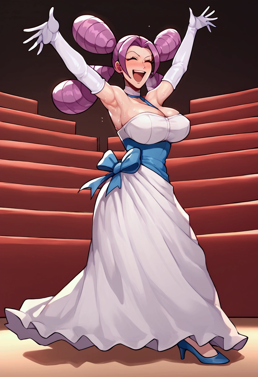 nsfw,score_9, score_8_up, score_7_up,  1 girl , blush,solo,Fantina, Dirndl ,sweat,Tall, long legs ,Armpit,Purple Hair, two twin tails,,white skin,  theater, on stage,elbow gloves,  mature woman,  Big Breasts,  high heels,  clevis,thighs visible, dynamic pose,  smirking ,  laughing ,open mouth,whole body, 