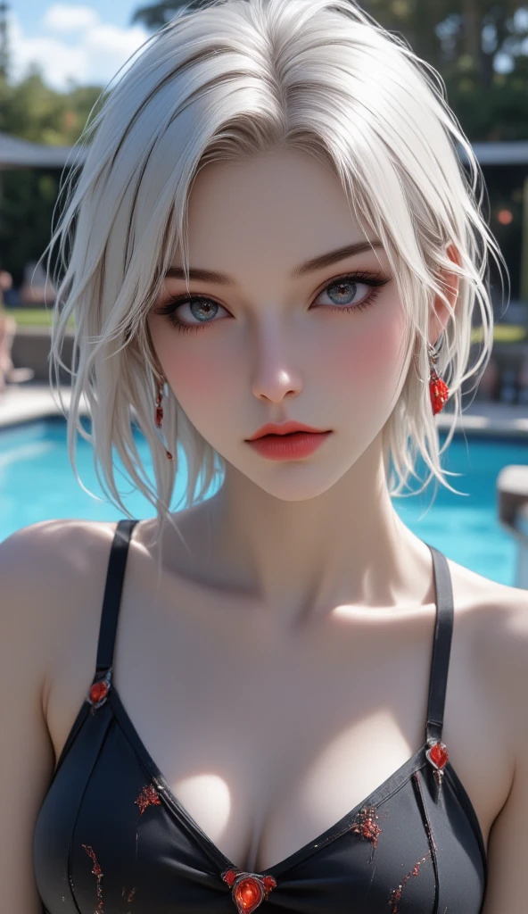 cool beauty, vivid and seductive expression, white shining glossy silky short pulled hair, thin flat slender body line, wearing jet black competitive swimsuit, professional and perfect composition, extremely delicate depiction, extremely clear image, ultra detailed, absolutely resolution, masterpiece