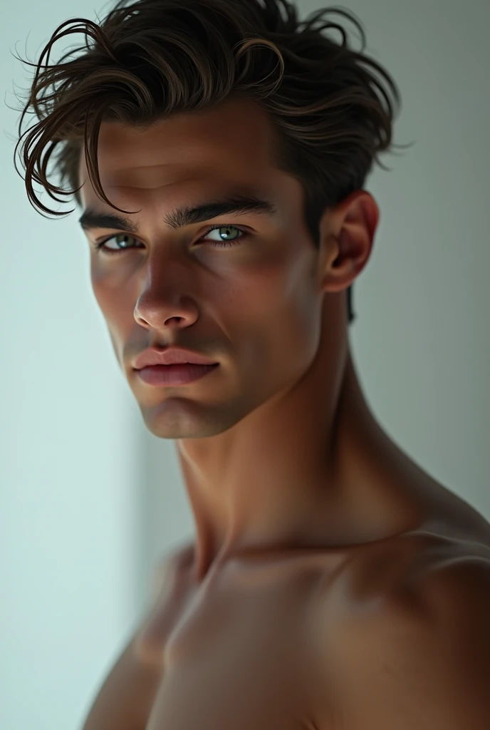 Attractive green-eyed guy, with soft cinnamon-colored skin, short curly brown hair, with a masculine and sexy face, with a worked and large body, with a calm aura, friendly and dominant, with a face without the cheekbone so marked, with longer hair
