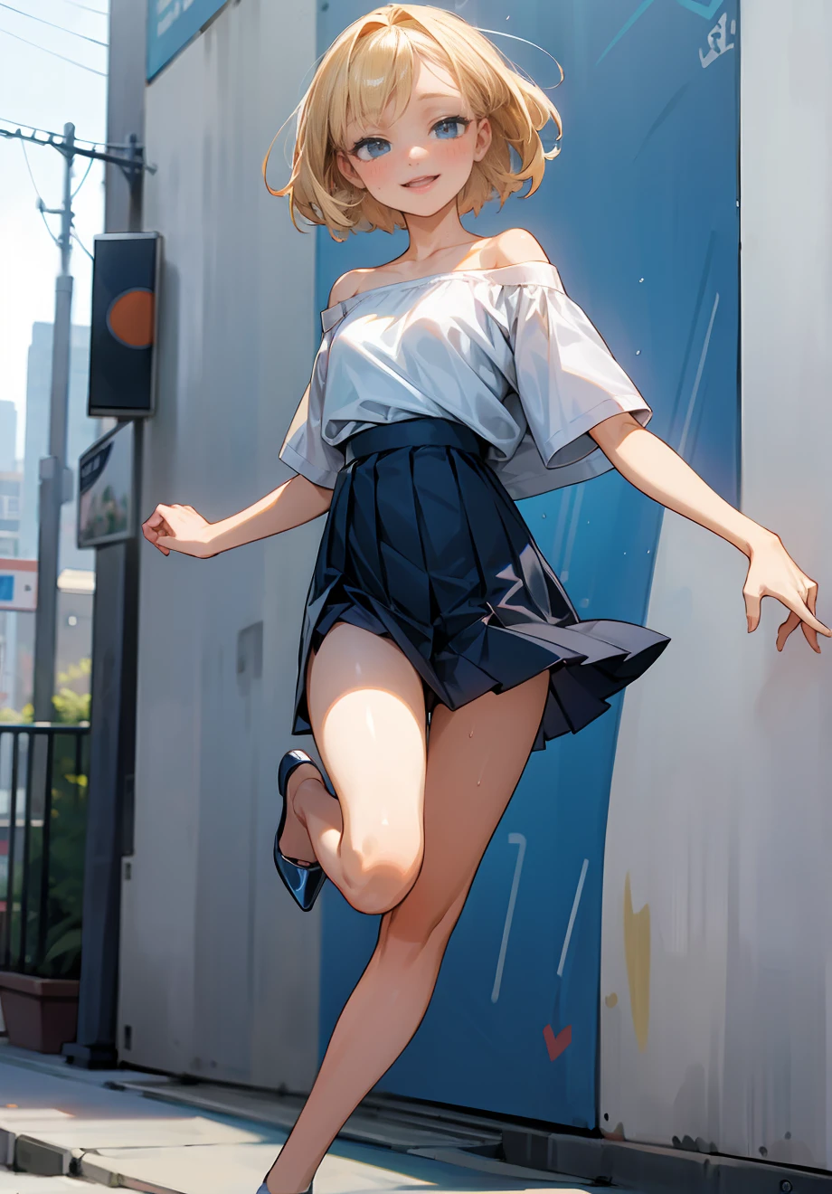 1girl, (Angle from below)、((On the balcony)), The girl bends forward to show off her breasts、legs apart, (Blonde), (shiny white skin:1.4)、Glowing Eyes, ((evil grin)), (5 years old girl), Multicolored Hair、Cap, pink rip, ((((Long sleeveless shirt)), Black Bra、Sheer miniskirt、((Panties with horizontal stripes)), (small breasts), (jewelry))), foot on penis, (close up penis), ((I'm wearing sneakers)), 1boy, ?????, ((eject ???:1.6)), (???????),