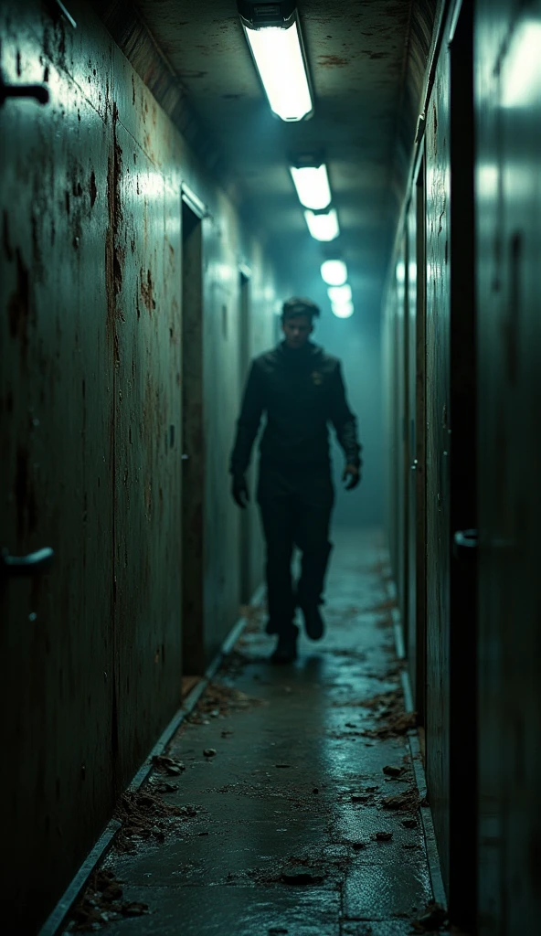 Woman with eyeless space suit in hallway filled with blood stains on the walls, flashlight light, sharp tooth, hazy, confused,horror,nightmare,dark tones,macabre aspects
