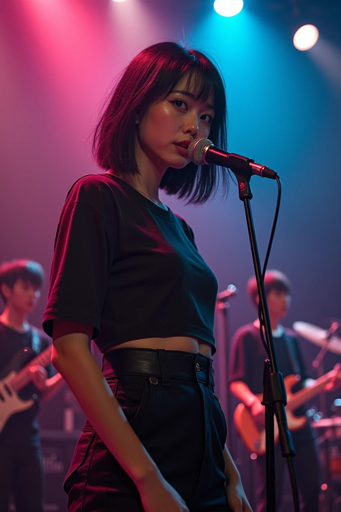 A cleavage big enough to hold a penis、Japanese women、Alice Hirose、Female vocalist with short bob hair、Wearing a T-shirt、Solo artist、live house、Lots of stage smoke、Bright lighting、Thick eyelashes、Extensions、Smoking、Holding a microphone on stage