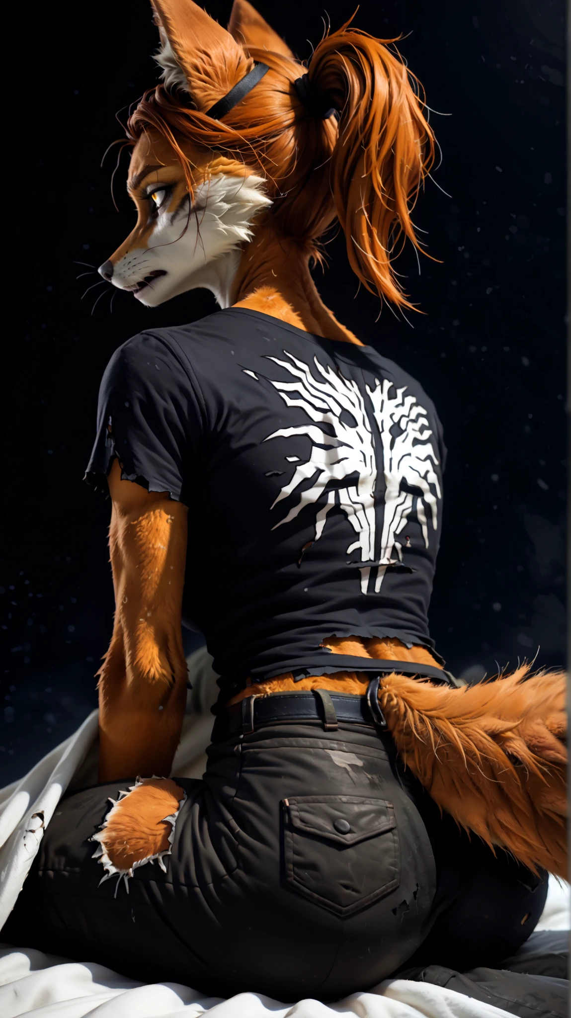 (zPDXL2), (PonyXLV6_Scores), rating_safety, Expressiveh, portrait shot, BREAK
lhata4564, d3t41l3d, 
solo, (furry, anthro), female, Lilyan,  European girl, (ginger tail fox girl, furry snout), (sitting, covering under blanket, wrapped up, all four, from behind, doggystyle), tight ponytail, (ripped cloth, torned t-shirt, pants, bandolier:1.2), (ruined house background), (black darkness, black night background:1.5)