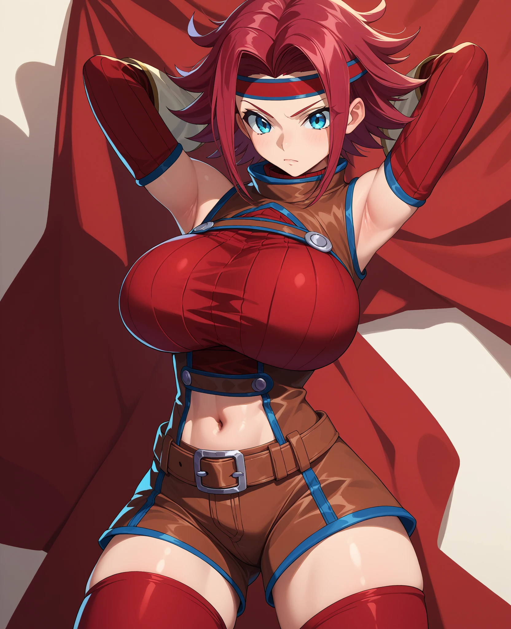 nsfw, kouklln, red hair, flipped hair, short hair, blue eyes, red headband, red sleeveless turtleneck, navel, belt, brown shorts, detached sleeves, red thighhighs, large breasts,（スクワット、フェラチオ:1.2）、