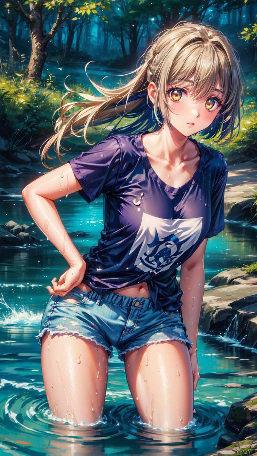 (  girl), (  flat chest:1.3), (  very detailed目,  very detailed顔), ( realistic にสุดๆ,  high res ), (  top quality :1.4), (  top quality ), 5, Midea, 1人の girl,score_9, score_8_ up, score_7_ up, score_6_ up, score_5_ up, score_4_ up,  real skin texture deep into the night,  RAW photos , ( realistic に,  realistic :1.37),  very detailed,  professional photos  , (masterpiece:1.3,  top quality ,  Ultra High Resolution,  ultra More), ( realistic , photo realistic :1.4),  beautiful illustration,  perfect lighting,  natural light,  depth of field , beautiful detailed hair,  beautiful detailed face , beautiful detailed eyes,  beautiful collarbone,  beautiful body ,  beautiful breasts ,  beautiful thighs,  beautiful legs,  look under those beautiful fingers,  viewers, girl1人, place your hands on your hips no 、  shiny blond hairs  ,  long cut , (  pretty brown eyes 、 Sparkling Eyes , fine grain)、smile、 super detailed eyes、 very detailed顔,  very detailed eyes ,(masterpiece:1.3),  shot showing the shoulders of a cowboy, (One female, Alone)、nsfw, Show your shoulders, ( 1 female , Alone)、nsfw, ( girls enjoying Playing in the water in a cool river :1.5)、 Lick 、I can hear the river babbling、Everybody starts running、 Walking along the river、Edge that reaches the water 、 Playing in the water 、 Fun memories .、 Fun memories 、  your face flutters  .、冷たい水に触れながら心地よいひとときをお楽しみください cute to see them having so much fun riding on a swim ring and feeling the current.、  enjoy the pleasant breeze and nature  、 Take off your shoes and soak your feet in the water  .、 that、 it was a day swimming in a river that filled my body and mind .、  shorts、 Sandals、  I call Chap  、  short sleeve t-shirt  、  shorts、  sneakers、cute
