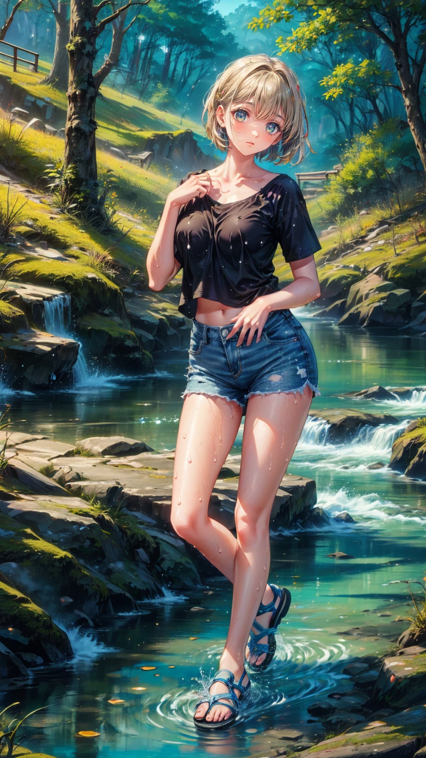 (((masterpiece))), 1p, 1 person, solo, beautiful, vibrant colors, high resolution, cinematic lighting, sunlight, beautiful background, water, lake, high resolution,girl, thin, slender, brown hair, long hair, no bangs, smiling, brown eyes, blushing, shy, olive green t shirt, tight olive green crop t shirt v neck, no bra, hard nipples ,pink nipples , wet clothes, short sleeves, midriff, low rise jeans, v line, medium breasts, tiny waist, partially underwater, partially submerged