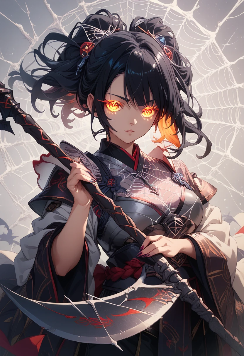 A woman in cyber-inspired Japanese clothing. She is embroidered with spider webs. A large spider hangs behind her. Armor nails. Black hair. Glowing eye hair ornament. Scythe.