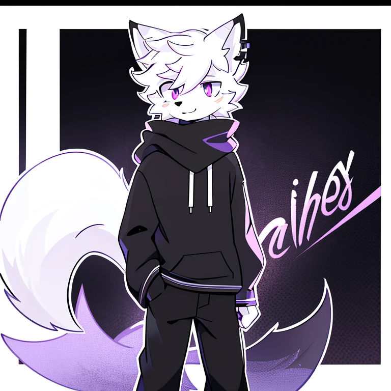 A hairy teenage fox and him being male with white fur , having a glowing purple eye in neon and one and the other too and having legs and being tall and thin with a scar on one eye , having short male hair , and wearing a black scarf around his neck and wearing a black and white sweatshirt and wearing black pants he's barefoot and he's got paws and he's not with his hands in his pocket and on a white background with a black border and he's standing on this background and he's alone