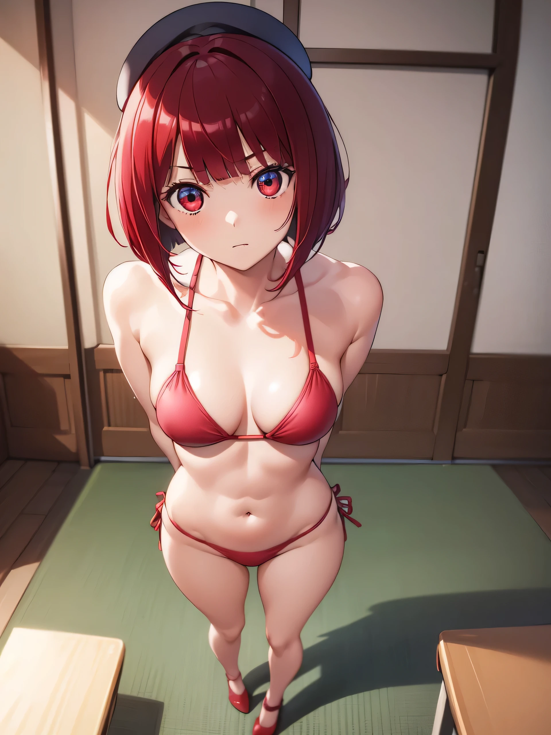 masterpiece, highest quality, High resolution, Ultra High resolution, Depth of written boundary,1 girl, red eyes, redhead, bob hair, people々々々and, 一people々々girl,(lit: strong),(woman looks at viewer、Open your mouth wide and scream:1.5),(Squat down with one knee up、spread your legs.:1.5)、(raise both arms behind your head:1.5)、erotic、female pervert、naked、、belly button, NSFW, No bra、roll your eyes, tongue, drooling, compensate,〓