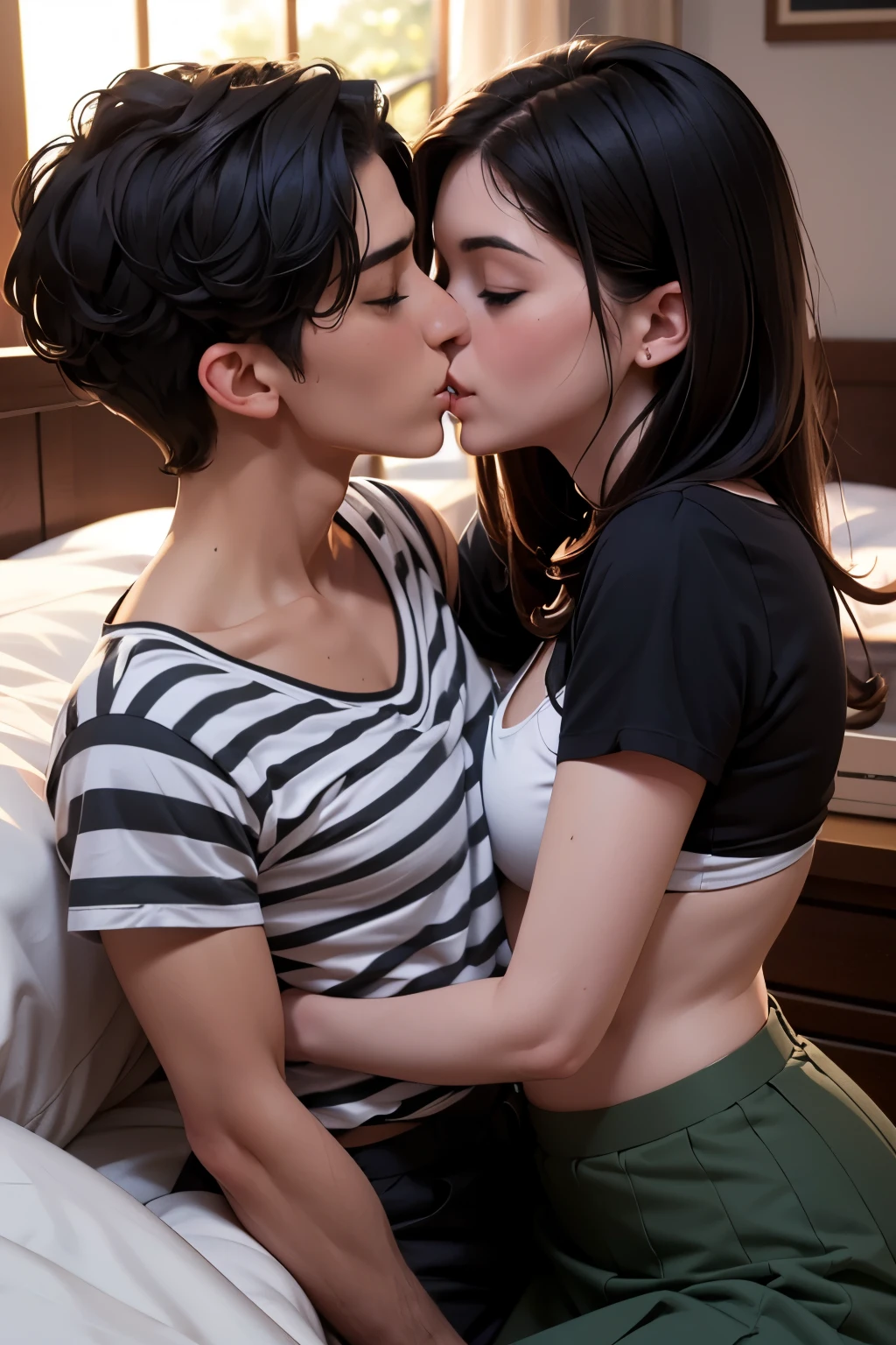 Amazing portrait of a sexy and  woman  wearing a black and white striped t shirt and a dark green skirt kissing and making out passionately with a shirtless boy on the bed in an intimate setting