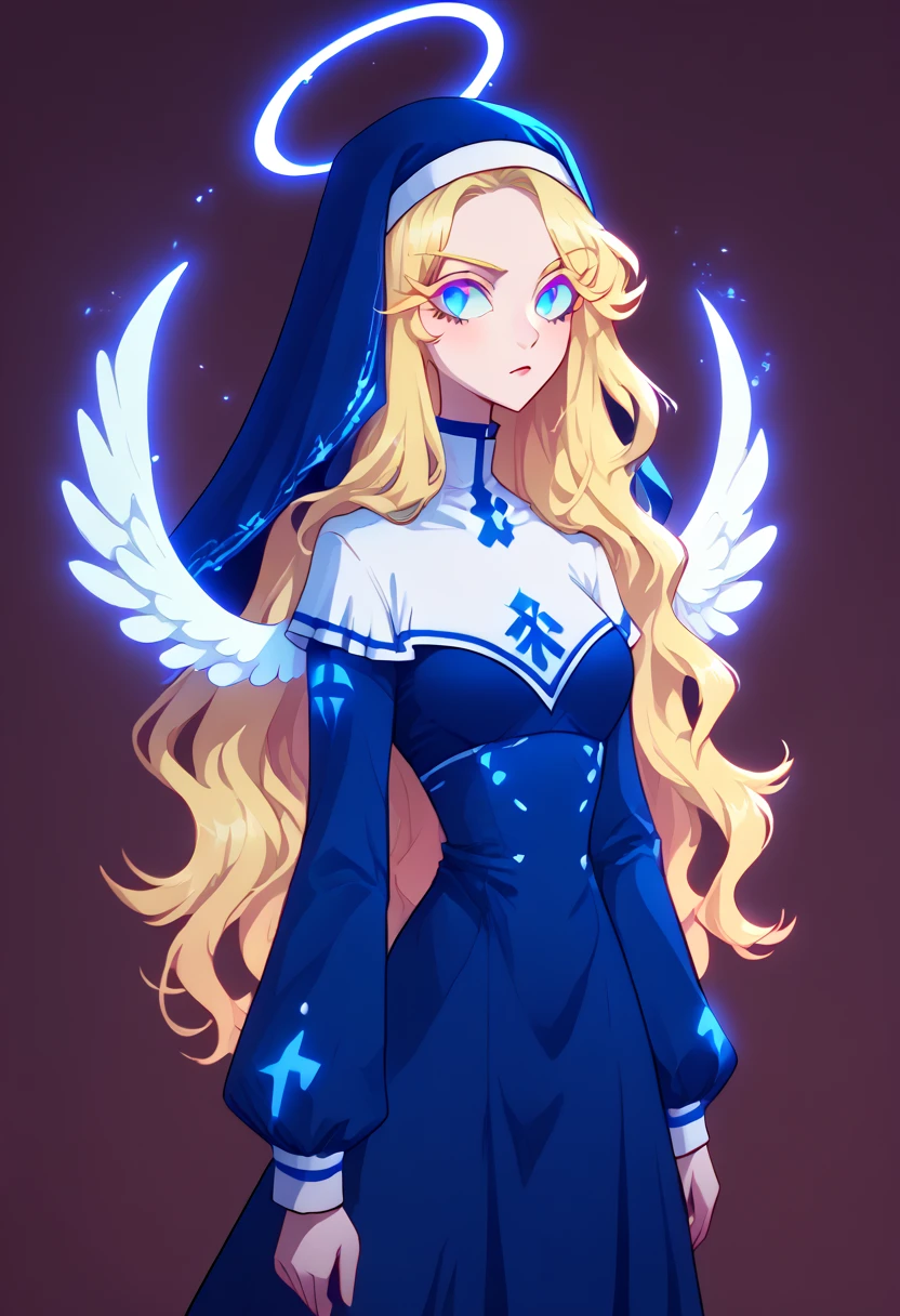 Seraphim, 1girl, long hair, wavy hair, blonde hair, light blue sclera, blue eyes, long eyelashes, colored skin, white skin, golden halo, blue nun outfit, white angel wings, humanoid, perfect anatomy, solo, (insanely detailed, beautiful detailed face, masterpiece, best quality), (sharp), score_9, score_8_up, score_7_up, score_6_up, highest quality, 8K, RAW photo, source_anime, perfect face, perfect hands, vibrant colors, upper_body, elemental split