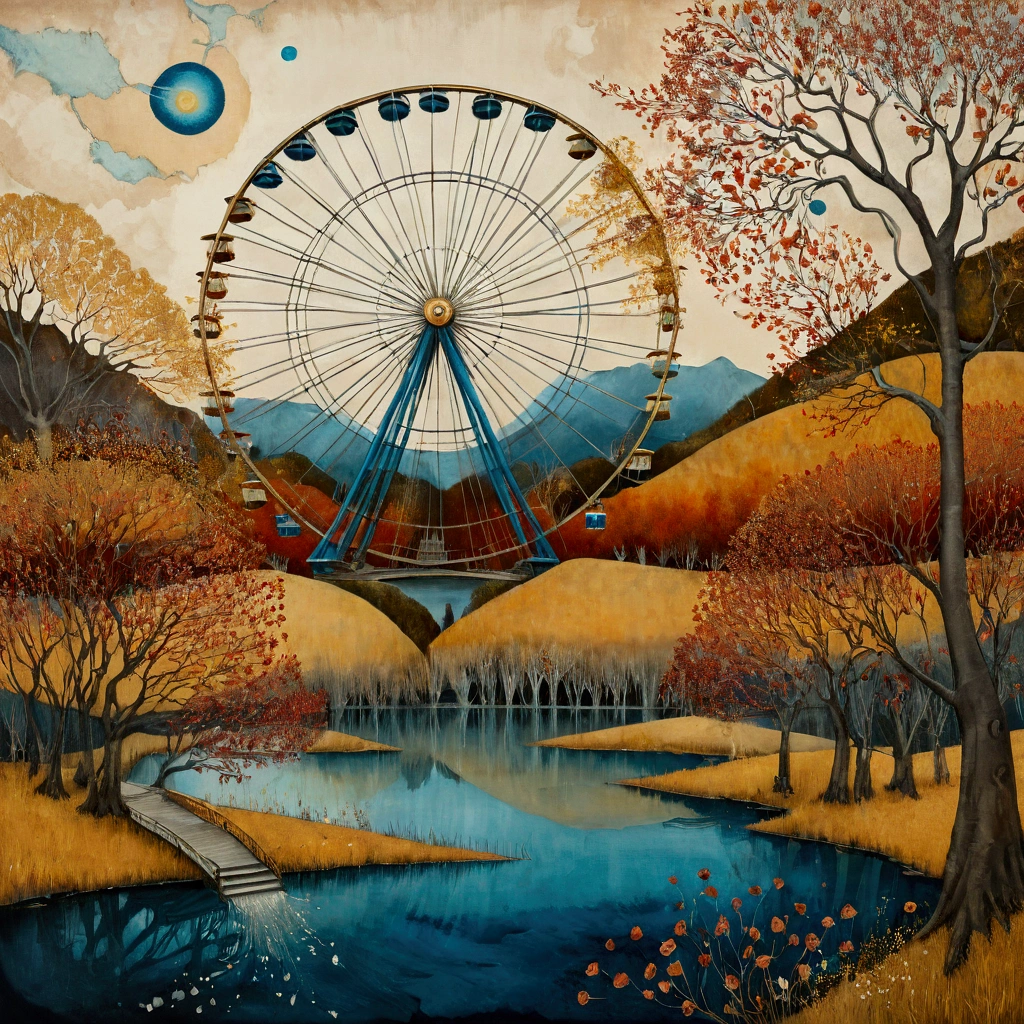 oil and acrylic painting. In the style of Andy Kehoe and Tracy Grimwood, Catrin Welz-Stein, Klimt. wide shot of a (Blue-eyed blonde woman) sitting in a large Ferris wheel on the shore of a lake in autumn afternoon. Twisted trees, branches are transparent blown glass expanding skyward in ellipses. Dandelion blossoms, poppies, pampas grass, cherry blossoms, dried flowers bloom. Disc-shaped polychrome sun buds with marbled spirals, sunbeams like strands of coral, vitrified ambers. Warm colors, ochre yellows, browns, shades of blue, reds.
