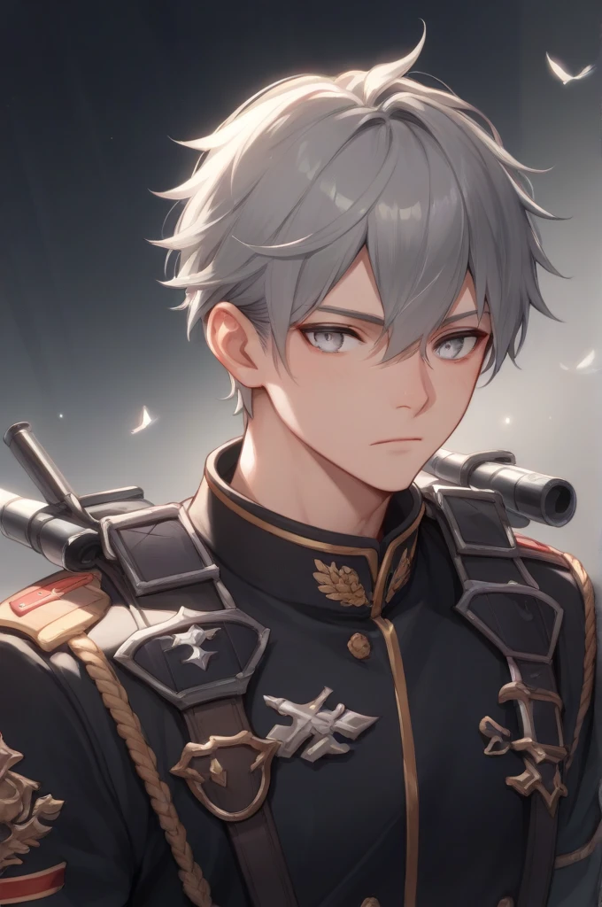 Anime boy , grey haired , silver eyes , wearing a black military costume , with a thick iron stick on his back , fantasy 