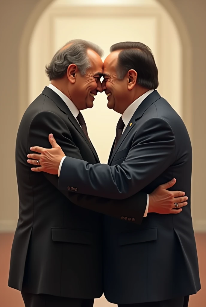 Maduro kissing Edmundo Gonzalez with the Venezuelan flag in the background