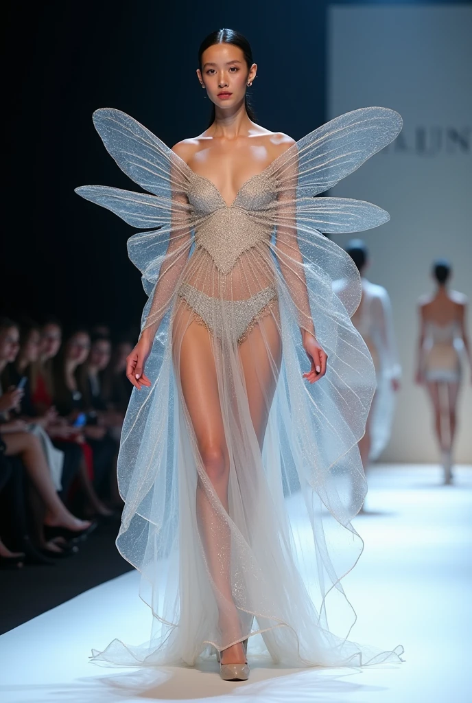 Models transfigure into fantastical avian-insectile creatures wearing revolutionary bioengineered couture. Gowns grown from cellulose nanofiber cocoons shimmer with morphing iridescent textures. Insectoid masks crafted by hybrid solitary bee colonies using complex wax secretions and pollen pigments. Otherworldly wing-like accessories generated by steering silkworm growth using computer models. Each ensemble created collaboratively through synthetic ecology and computational nature. A metamorphosis unfolds on the runway as models flit and soar, celebrating radical new possibilities at the convergence of biology, ecology and design. Pushing imagination's limits.