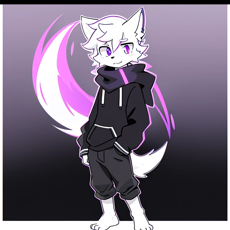  A hairy teenage fox and him being male with white fur   ,     having a glowing purple eye in neon and one and the other too and having legs and being tall and thin with a scar on one eye   ,     having short male hair     ,   and wearing a black scarf around his neck and wearing a black and white sweatshirt and wearing black pants he's barefoot and he's got paws and he's not with his hands in his pocket and on a white background with a black border and he's standing on this background and he's alone 