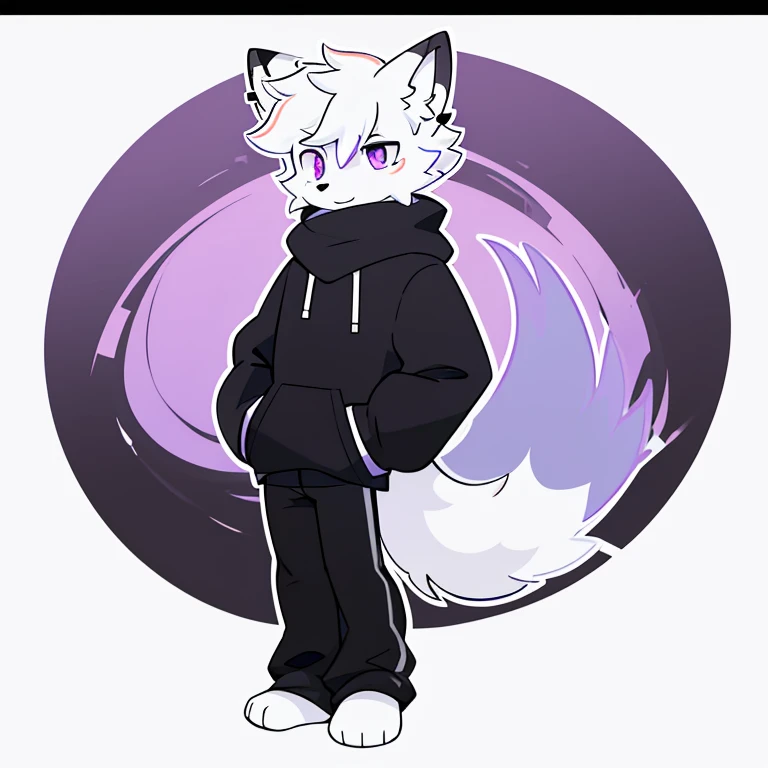  A hairy age fox and him being male with white fur   ,     having a glowing purple eye in neon and one and the other too and having legs and being tall and thin with a scar on one eye   ,     having short male hair     ,   and wearing a black scarf around his neck and wearing a black and white sweatshirt and wearing black pants he's barefoot and he's got paws and he's not with his hands in his pocket and on a white background with a black border and he's standing on this background and he's alone 