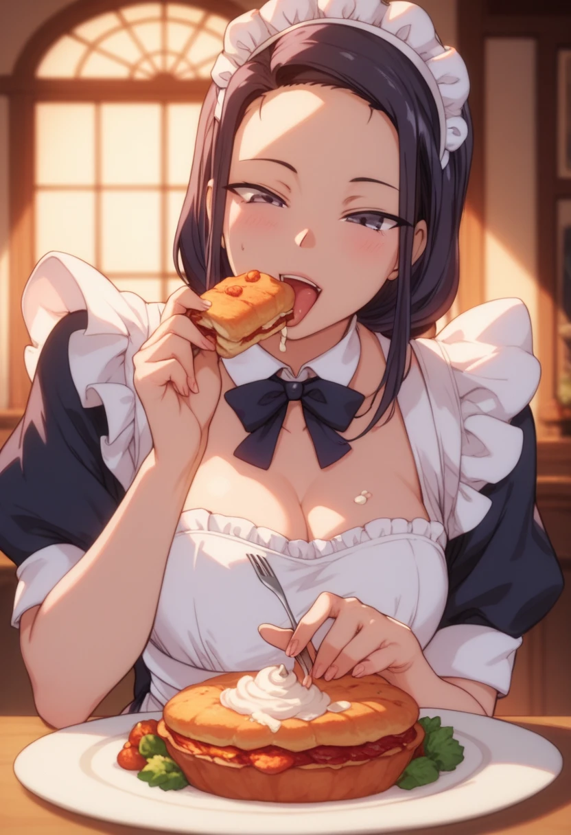 Tsubaki :  dressed as a maid, Feeding the spectator, Food.