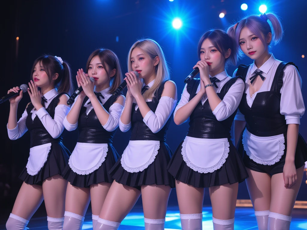 HyperRealistic, ultra detailed, best quality, absolutely resolution, masterpiece, A 5-member idol group is singing at a live show, Vocalize on stage, hold a microphone, black French maid outfit/costume, ribbon, offshoulder, mini skirt, bare thighs, white long sleeve, white Over-the-knee boots
1. black ponytail hair, blunt bangs
2. blonde long straight hair
3. purple medium hair, blunt bangs
4. Blue short hair
5. silver twin tail hair