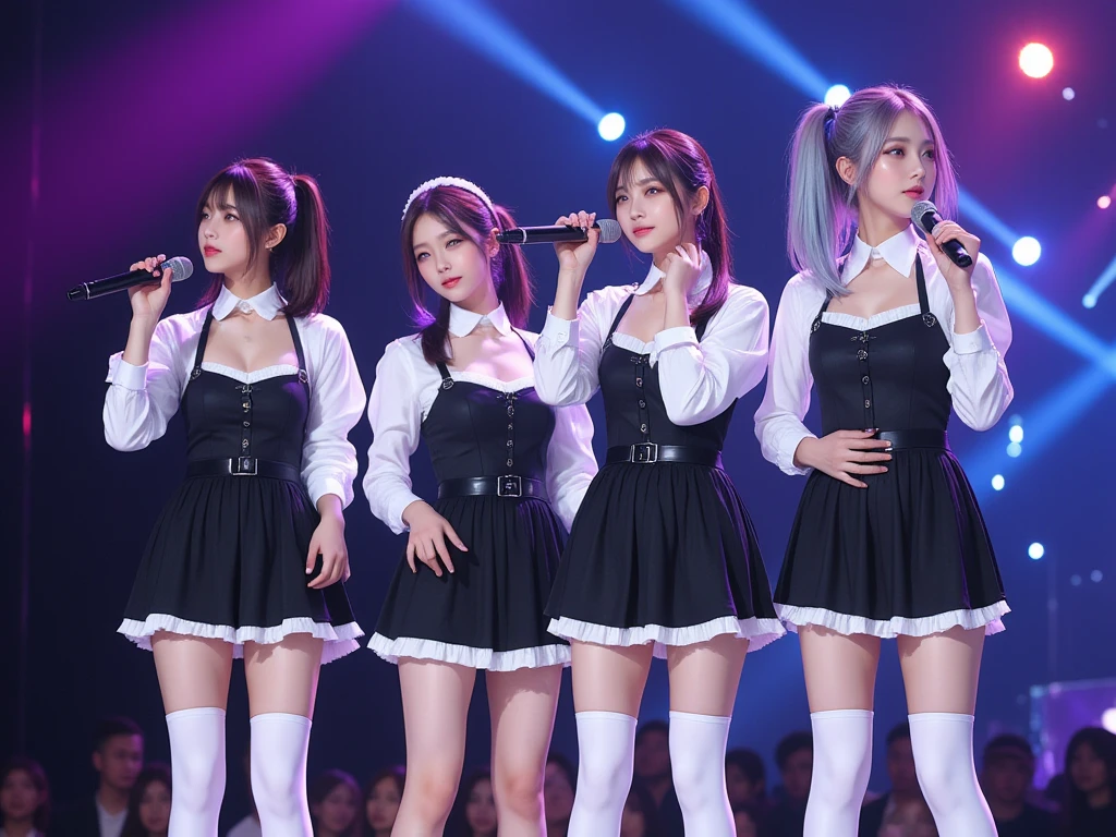 HyperRealistic, ultra detailed, best quality, absolutely resolution, masterpiece, A 5-member idol group is singing at a live show, Vocalize on stage, hold a microphone, black French maid outfit/costume, ribbon, offshoulder, mini skirt, bare thighs, white long sleeve, white Over-the-knee boots
1. black ponytail hair, blunt bangs
2. blonde long straight hair
3. purple medium hair, blunt bangs
4. Blue short hair
5. silver twin tail hair