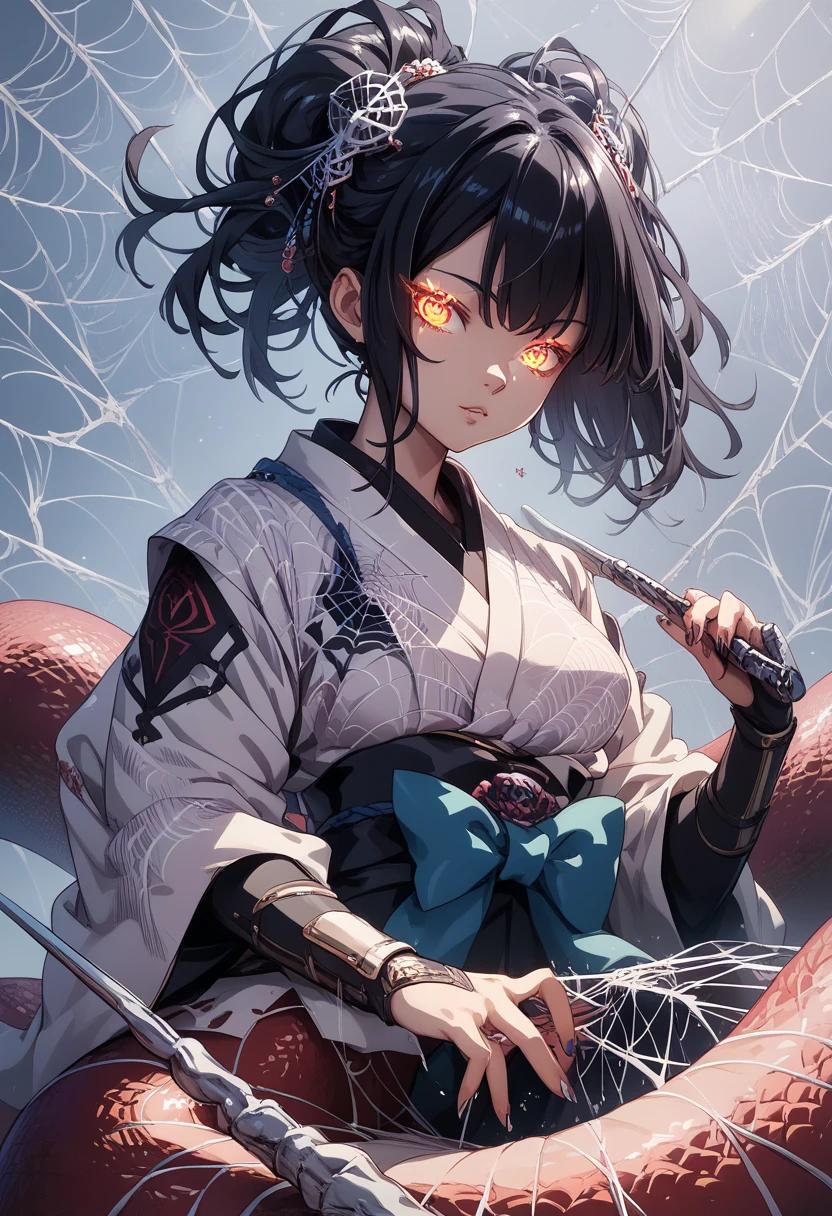 Lamia-style girl. cyber-inspired Japanese clothing. She is embroidered with spider webs. A large spider hangs behind her. Armor nails. Black hair. Glowing eye hair ornament. Scythe.