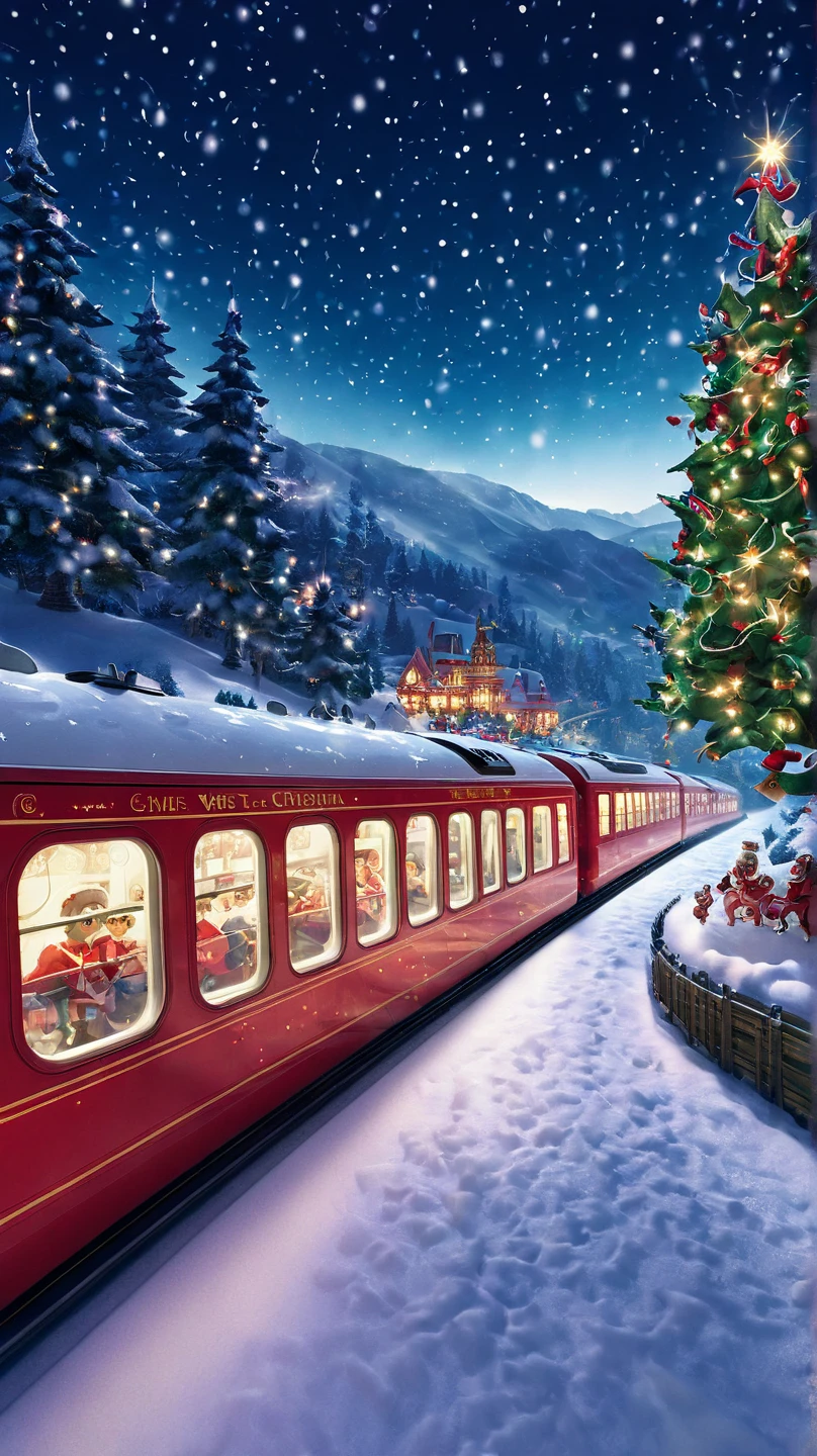 Create an ultra-detailed and photorealistic 4K image of a magical Christmas scene featuring a red train fully decorated for the holiday season. The train is moving through a snowy landscape, with some of its windows open, revealing people sitting comfortably inside. They are enjoying the journey and watching the snow gently fall outside. The train is adorned with glowing Christmas lights, wreaths, and garlands, radiating a festive holiday charm.

In the sky above the train, Santa Claus's sleigh, pulled by strong, majestic reindeer, is flying across the scene, illuminated by the moonlight and sparkling stars. Outside the train, snow-covered pine trees line the tracks, and majestic mountains rise in the background. The entire scene blends the warmth and magic of Christmas, with glowing lights, soft snowflakes falling, and a cozy, heartwarming atmosphere that captures the holiday spirit.