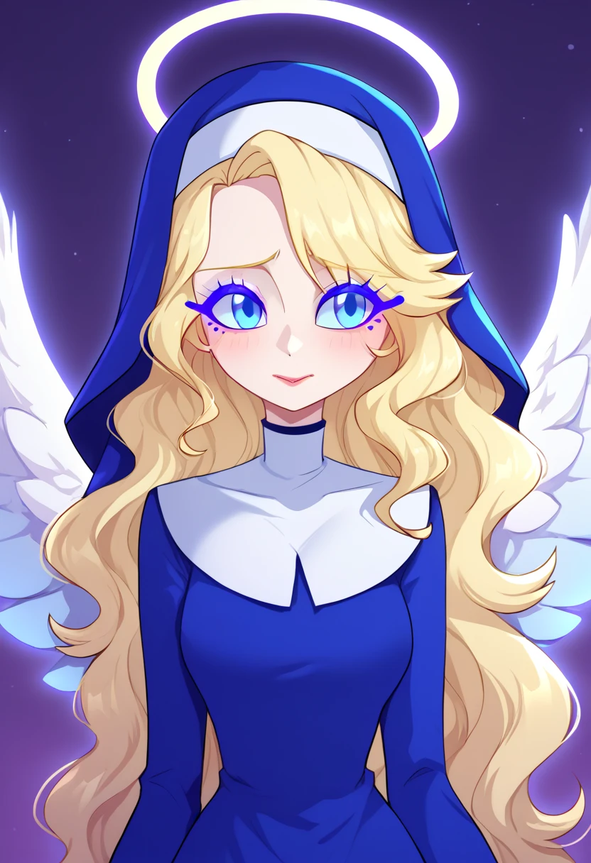 Seraphim, 1girl, long hair, wavy hair, blonde hair, light blue sclera, blue eyes, long eyelashes, colored skin, white skin, golden halo, blue nun outfit, white angel wings, humanoid, perfect anatomy, solo, (insanely detailed, beautiful detailed face, masterpiece, best quality), (sharp), score_9, score_8_up, score_7_up, score_6_up, highest quality, 8K, RAW photo, source_anime, perfect face, perfect hands, vibrant colors, upper_body