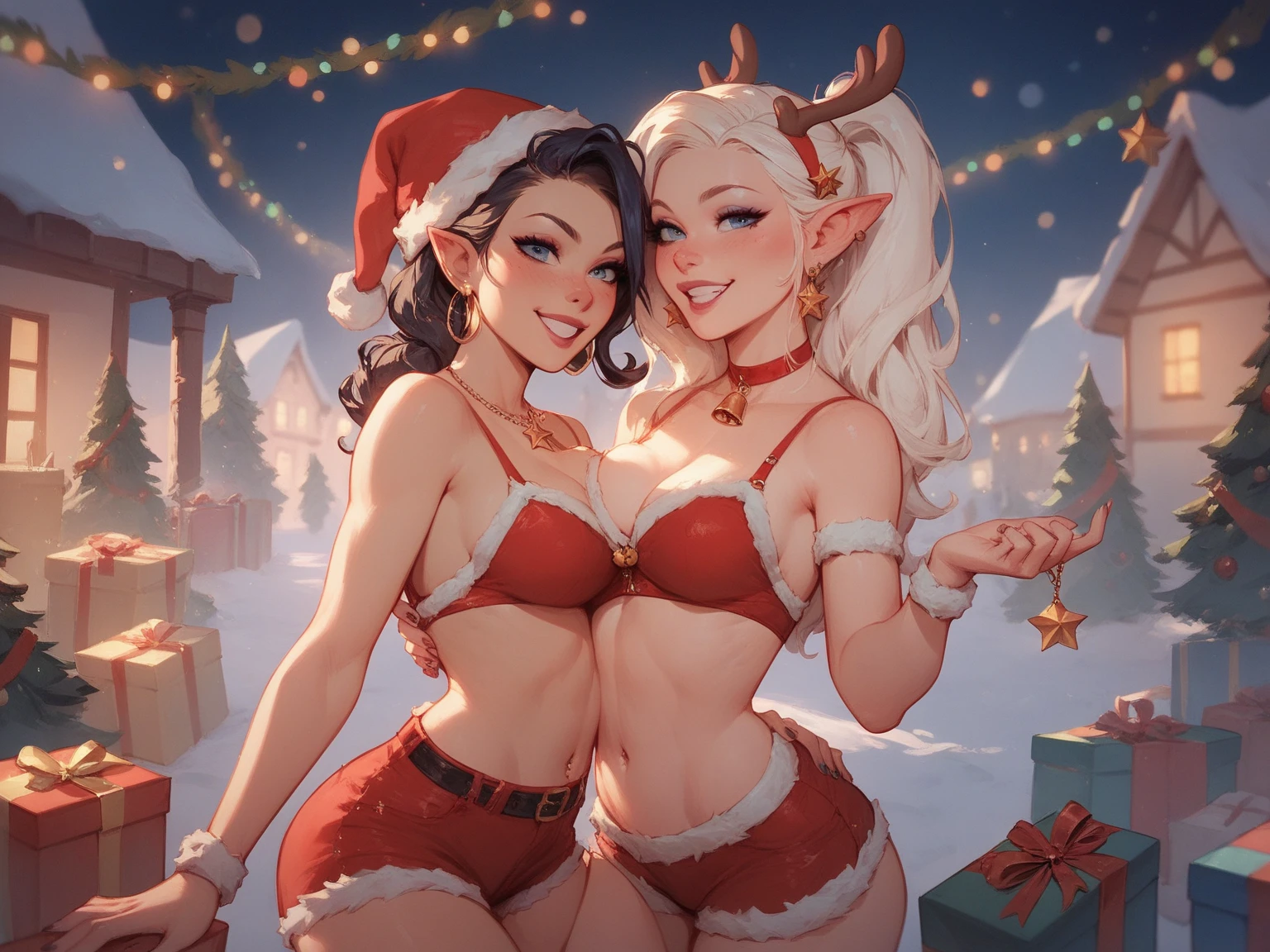 NSFW. ((Nude)), ((1girl)) elf woman with slightly pointed ears, black hair with bangs and two braids, wearing a red Santa hat, ((pubic hair)), trim fit physique, (elegant, beautiful face), (skin details), kpop, (very detailed face), brown eyes, (very detailed and expressive force eyes), smiling, legs spread, at night, in a medieval room by a Christmas tree and a blazing stone fireplace, classic illustration, Masterpiece