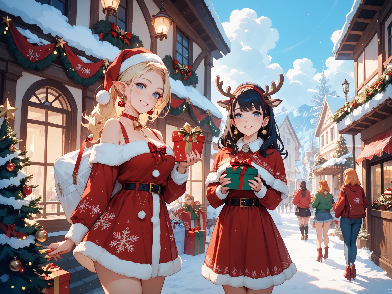 adventurer elf girls, wariros and mages, different unusual skin colors, (((christmas))), (((snow))), ((christmas trees)), (christmas presents), ((mmorpg)), medieval, fantasy, magic, swords, (((armor))), dungeons and dragons, ember particles, particles, flares, sharpened, chromatic aberration, masterpiece:6, best quality:5, realistic hands, (((split complementary palette))), bokeh, light, rim lighting:1, post processing, dslr, sky, ((((stars)))), ((((sky at night)))), wide angle shot, dark night sky, in the style of Ilya Kuvshinov, ((lineage2))