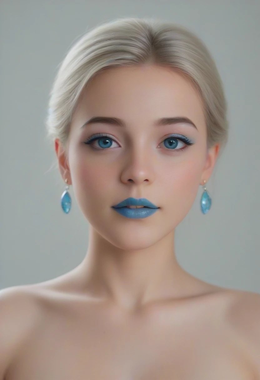 Photograph, professional essay, realistic beautiful detailed Disney Princess Belle or Elsa, all furry, unshaved, {Intricately detailed face, rosy cheeks with a touch of realism (((subtle hints of acne))), small and refined chin, dainty lips wearing (((light blue lipstick, understated makeup))), (((luminous light-colored eyes, enhanced with a delicate beige eyeshadow)))}, wearing exquisite, detailed Tiffany & Co.-style earrings, featuring delicate sterling silver settings with pave-set diamonds and a delicate aquamarine gemstone accent, hyperrealistic, 8k, 3d render, soft, even lighting, vibrant colors, elegant, graceful pose, intricate details, photorealistic. The subject is positioned in front of a plain, slightly blurred backdrop in a complementary, muted color like [color, e.g., soft lavender or a light, desaturated teal].