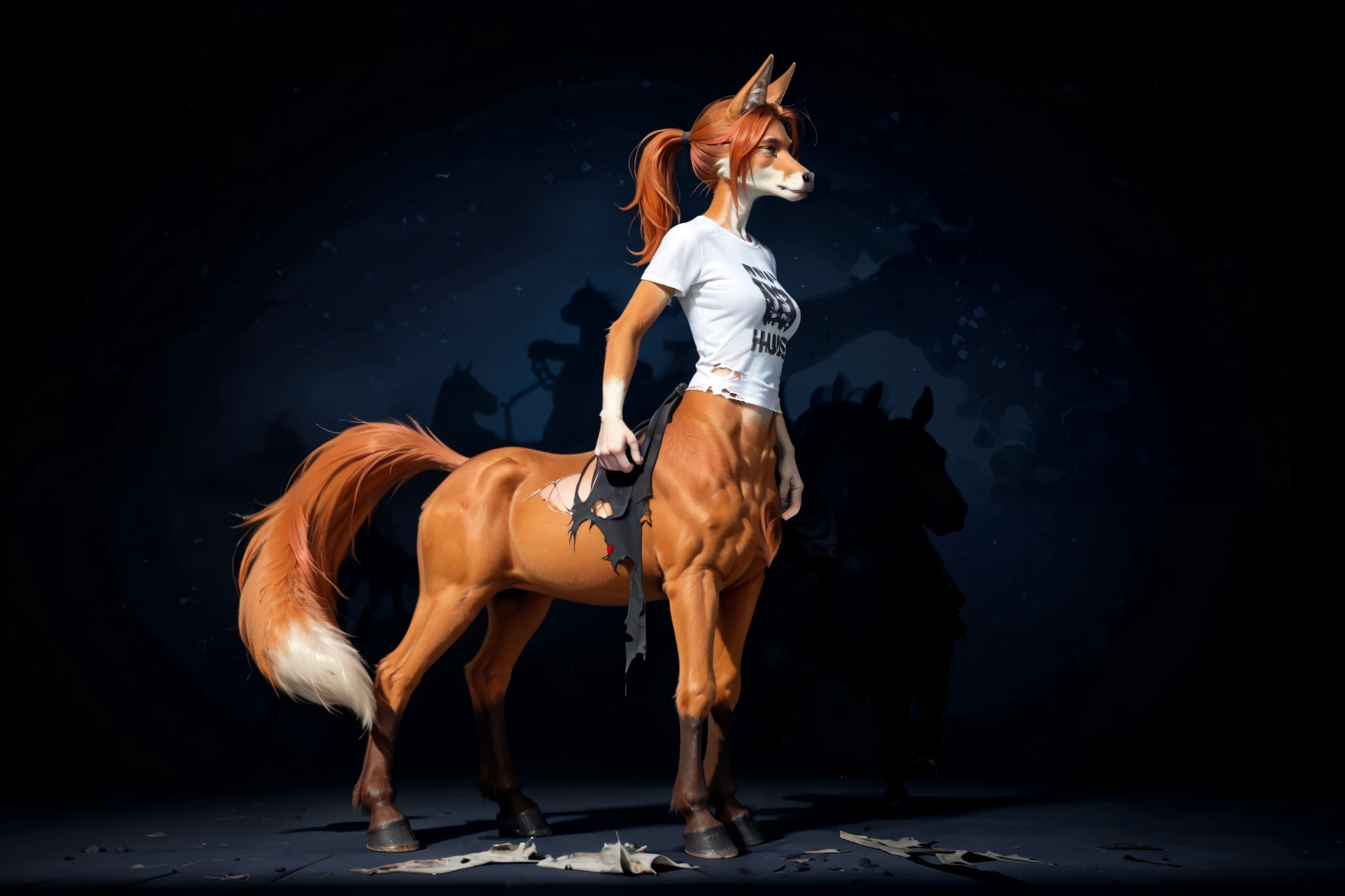 (zPDXL2), (PonyXLV6_Scores), rating_safety, Expressiveh, full body portrait shot, BREAK
lhata4564, d3t41l3d, 
solo, (furry, anthro), female, Lilyan,  European girl, (ginger tail fox girl, furry snout), (all four, Centaur, equine, equid, hooves), tight ponytail, (ripped cloth, torned t-shirt, pants, bandolier:1.2), (ruined house background), (black darkness, black night background:1.5)