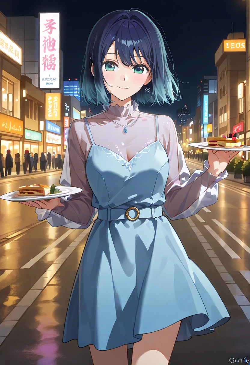 ( Super Realistic Pictures , RAW photos  , realism , 3d rendering ,Unity Engine), BRAEK Kurokawa Akane,  One girl , Alone,  viewers,  Long Sleeve ,,  blue dress,  gradient hair , bangs,,   closed mouse,  blue hair,   standing,  Shorthair,  see-through shirt with a plate,  cowboy shot, Aqua Eyes , smile, street, City lights,  smile, chest