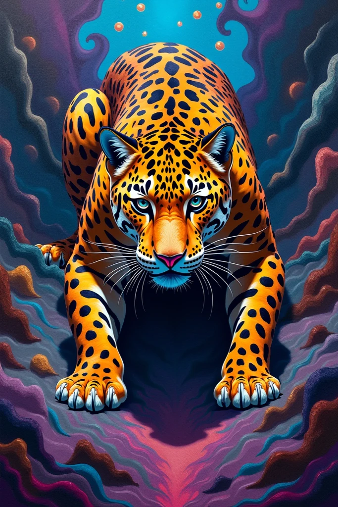 Creating a psychedelic jaguar crouching from a perspective from above . The look of the jaguar is striking to the spectator . The image has to be represented in an oil on canvas painted with the spatula technique