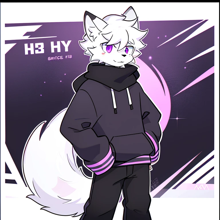  A hairy teenage fox and him being male with white fur   ,     having a glowing purple eye in neon and one and the other too and having legs and being tall and thin with a scar on one eye   ,     having short male hair     ,   and wearing a black scarf around his neck and wearing a black and white sweatshirt and wearing black pants he's barefoot and he's got paws and he's not with his hands in his pocket and on a white background with a black border and he's standing on this background and he's alone 