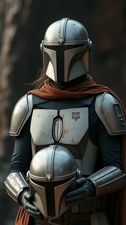 Sydney Sweeney wearing mandalorian armor holding helmet in hands