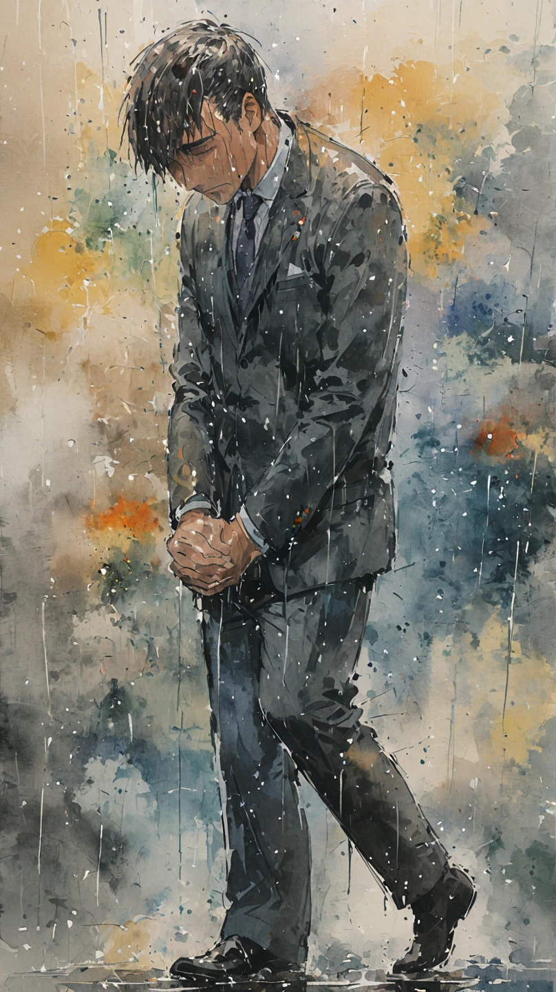 watercolor painting of a man in suit in the rain. full body shot of the man who is soaked under the rain. he tilts his head up to face the rain, the rainwater flows down his face. he is walking in the street, holding his hands out to feel the rain. watercolor brushes stroke painting style. the sky is dark.