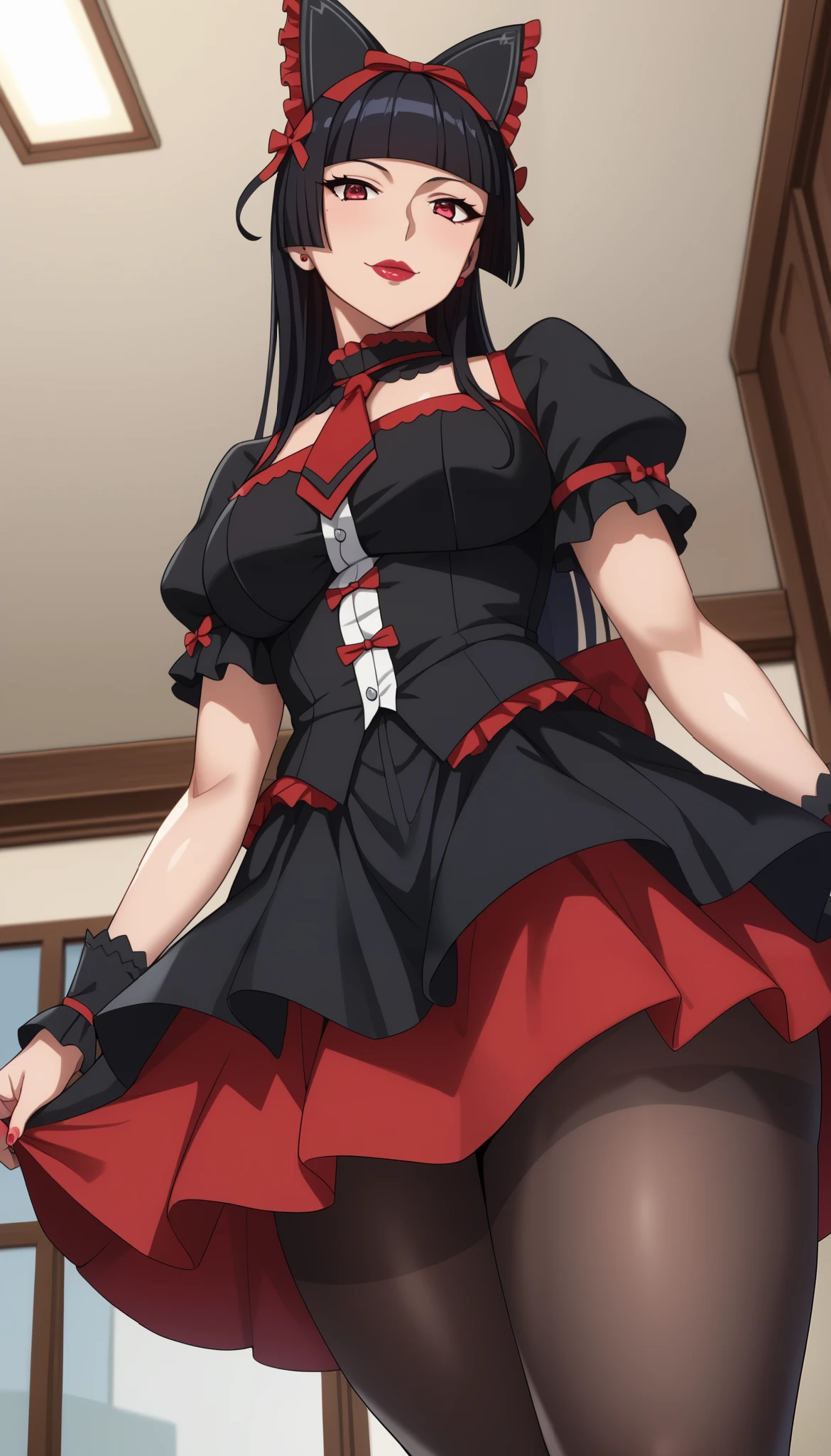 score_9, score_8_above, score_7_above, score_6_above, score_5_above, score_4_above, source_anime, tag1, Label2, quality_ masterpiece , anatomically correct , pretty face, perfect face , Beautiful and very detailed face and eyes, attractive face, detailed face , Delicate facial features, detailed skin, Wide Hips, huge ass, big ass, thick thighs , mature female, olhos de Room, Sweated BREAK Classification_ sure, low angle view , maternal face, Room, detailed eyes, seductive face, seductive face, mature female, milf ( mature mom), sexy woman, Rory Mercury , little woman, short woman, change, long hair, black hair, red eyes , hime cut, short bangs, lipstick, Hair bow, multicolo red dress, black dress, red dress, puffy short sleeves , red tie, black tights, arm warmers , RoryMercury , standing, looking at the viewer
