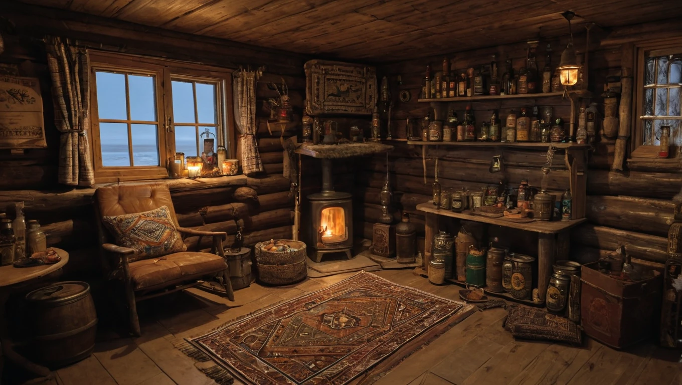 masterpiece,  high quality .  cozy wintering house in the Arctic , . The interior is full of intricate Chukchi ethnic details and expedition equipment ,  outside - The Far Arctic , Chukotka ,  the dark polar night , blizzard, Bad weather, storm, snowfall.  Very small square window .  An atmosphere of comfort and tranquility . 
small dark living room in a tiny wooden hut with low ceilings and no electric lights. 
 On the log walls, Chukchi amulets and bunches of dried herbs .
Behind a small window with beige curtains ,   with a third of the snow covered outside ,  you can see a snowstorm at night . 
There is a Christmas tree ,  decorated only with colorful glass balls without illumination . 
 a cozy brown plush chair by a small window .  on the chair are an exquisitely embroidered pillow and a book .  The wooden floor in front of the chair is covered with soft deerskin .  On a simple board table next to the chair, there is a half-empty bottle of whiskey and a lit kerosene lamp ,  and on the wooden windowsill of the small window there are several bottles of whiskey and cognac .  on the floor under the window has a keg of Irish ale and lots of cans of various canned goods .  next to the keg is a box of tangerines . 
 There is a large stove in front of the chair .
( The dark window is not a light source ,  the room is only lit by candles ,  the light of a kerosene lamp and a flame in the stove .)