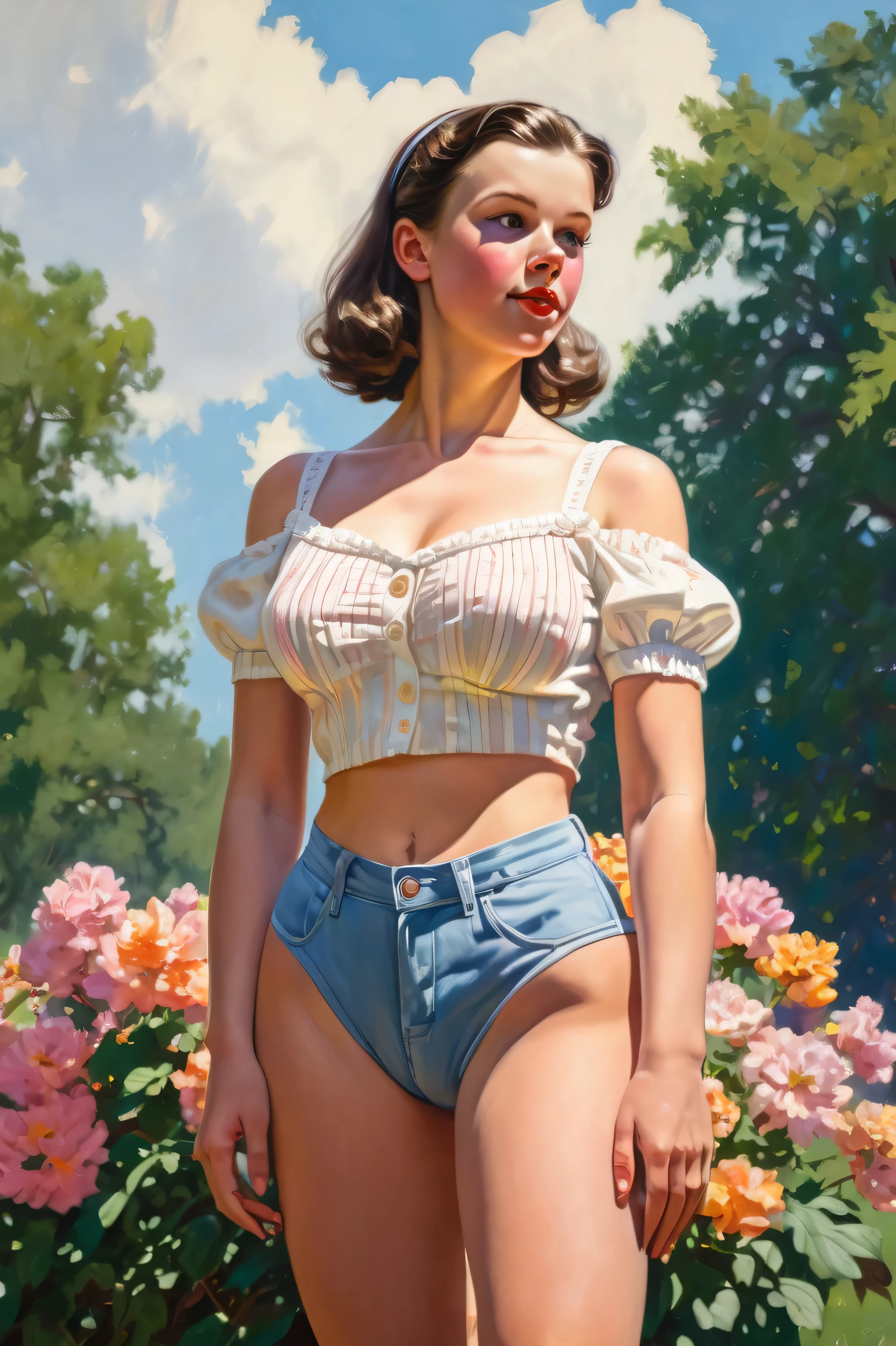 20 year old girl, frente a la granja, tight denim shorts, camisa de franela, sombrero de paja, pecho descubierto, pecho mediano, piel brillante, dramatic lighting, estilo pin-up, sexy, sorprendido, , vistoso , obras maestras, Ilustrado, piel brillante, cara detallada, pecho mediano. cuerpo apretado. PELO rubio, ilustrado por Zoe Mozert, Fijar art byZoe Mozert, pin up vintage, Ilustrado by Zoe Mozert, girl Fijar, Fijar girl, chica pin-up del cartel, chica pin-up, Fijar, chica pin-up, cara detallada, manos detalladas, Piernas detalladas,