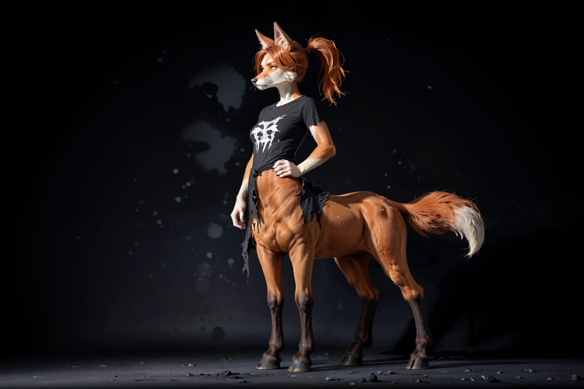 (zPDXL2), (PonyXLV6_Scores), rating_safety, Expressiveh, full body portrait shot, BREAK
lhata4564, d3t41l3d, 
solo, (furry, anthro), female, Lilyan,  European girl, (ginger tail fox girl, furry snout), (all four, Centaur, equine, hooves), tight ponytail, (ripped cloth, torned t-shirt, pants, bandolier:1.2), (ruined house background), (black darkness, black night background:1.5)